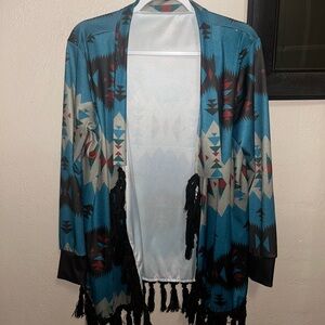 Bohemian Blue Aztec Cardigan with Fringe